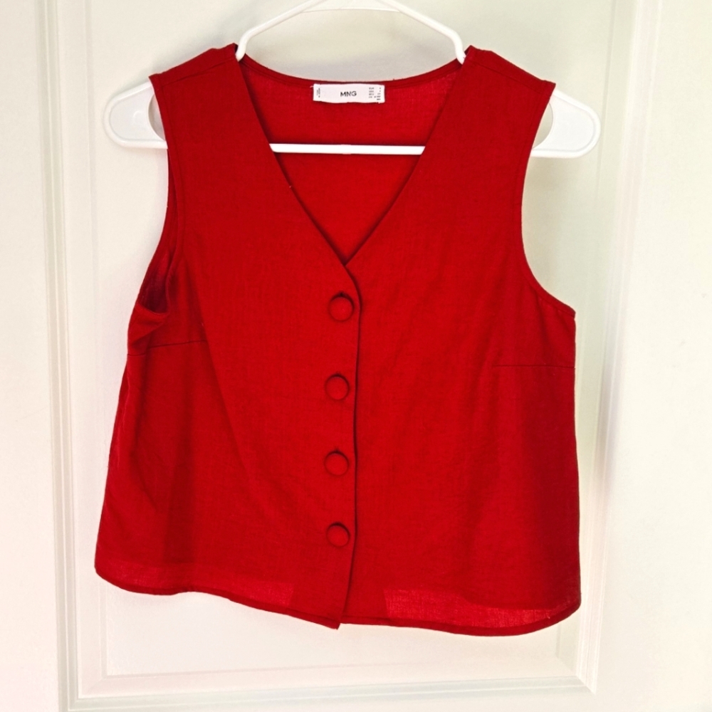 Mango Red Cropped Button-Front Sleeveless Cotton-Linen Vest Blouse Sz 4 - Picture 2 of 11